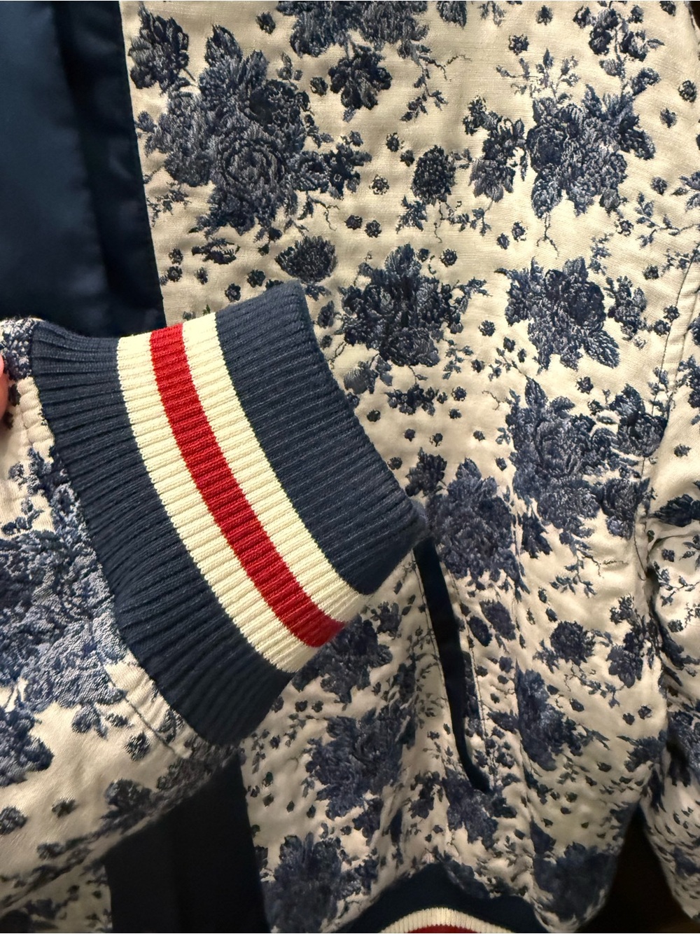 Maeve Floral Quilted Bomber Jacket in Navy & White - Picture 11 of 15